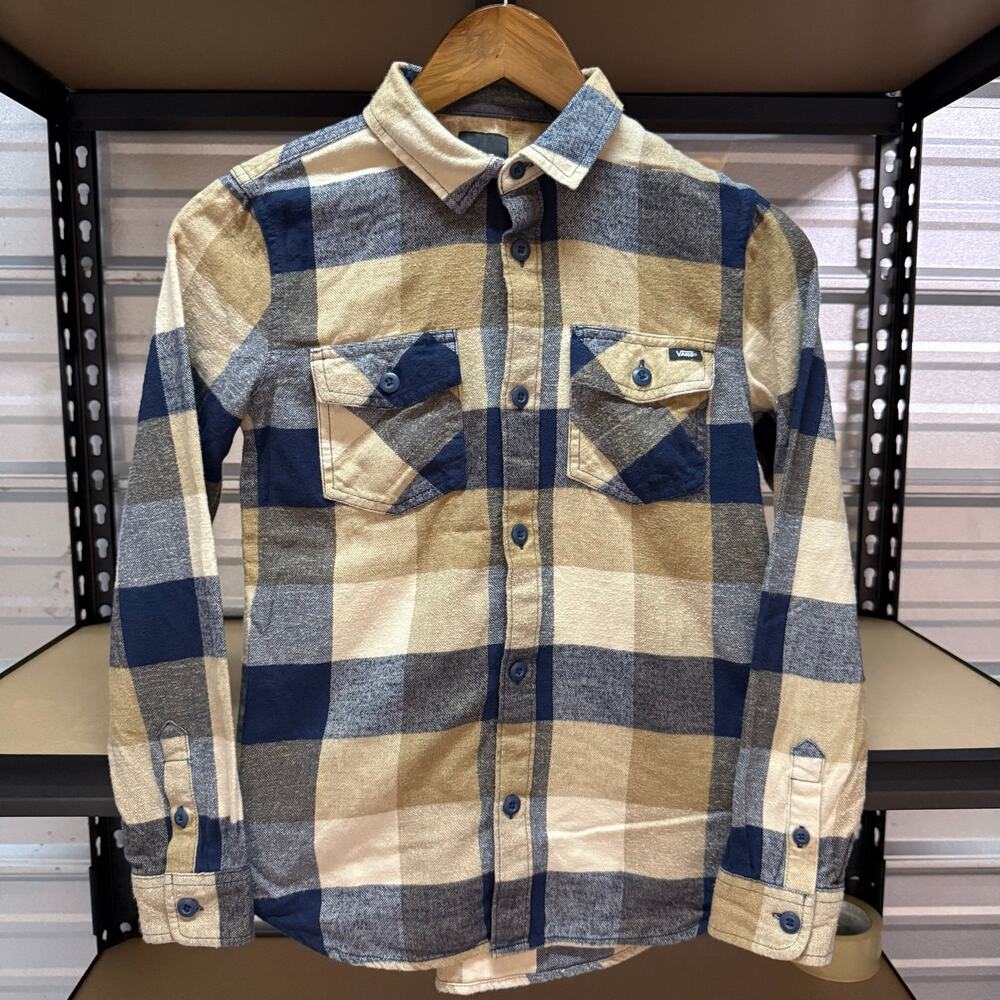 Vans Tan Navy Buffalo Plaid Flannel Shirt Kids Size Medium